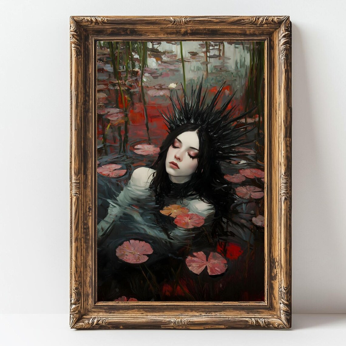 Ophelia Pale Woman In Dark Water With Pink Lilies Gothic Art Poster - Image 2