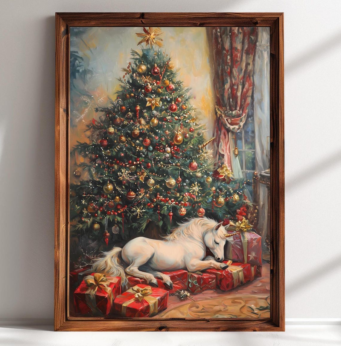 White Unicorn Foal Sleeping By Christmas Tree With Gifts Art Poster - Image 2