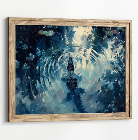 Alligator Swimming In Dark Swamp Water Moody Blue Wildlife Art Poster