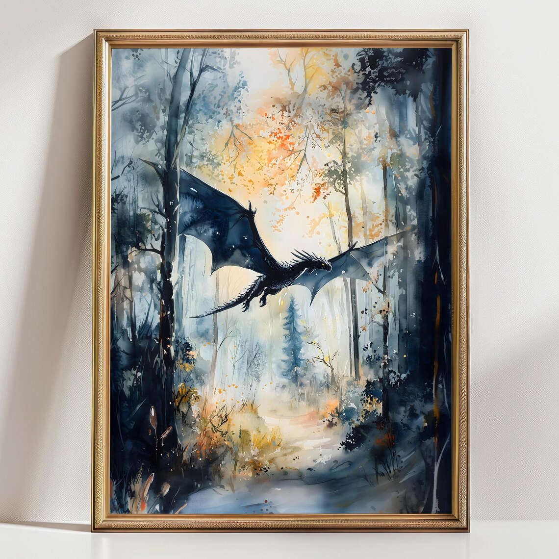 Black Dragon Flying Through Misty Watercolor Forest Fantasy Print