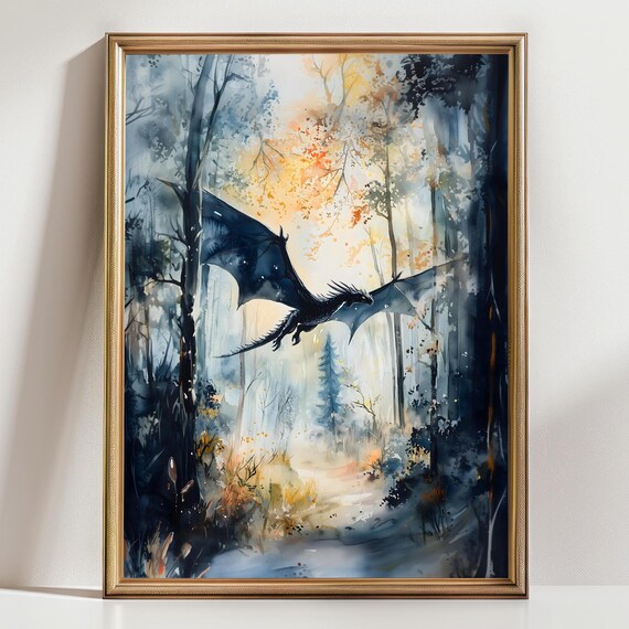Forest Dragon Watercolor Art Vertical Poster Print Fantasy Art Forest And A Dragon Fantasy Painting Watercolor Illustration Dark Academia