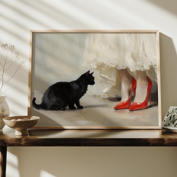 Black Cat And Woman Red Heels Vintage Style Oil Painting Wall Art Print