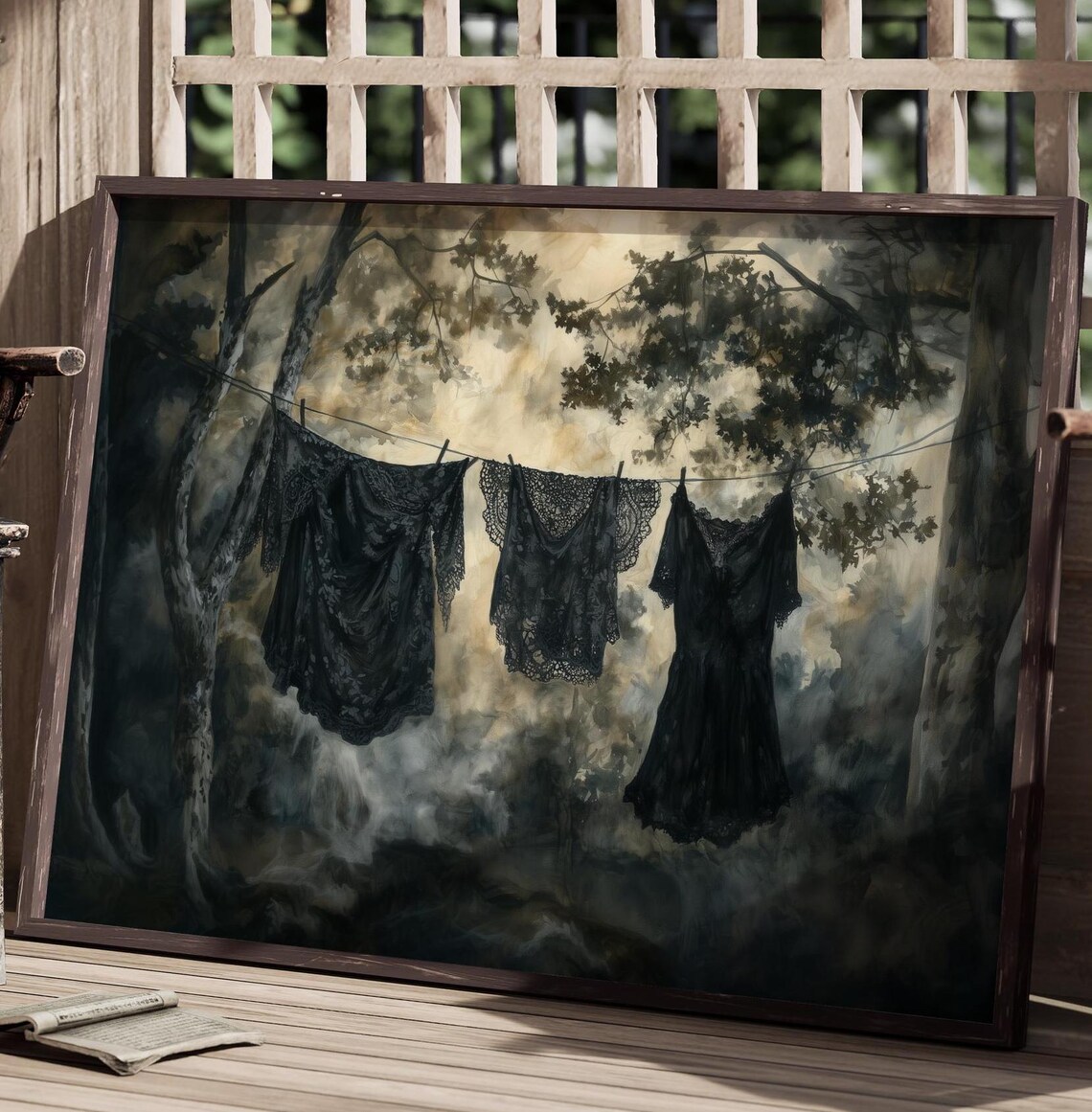 Three Black Lace Dresses On Clothesline In Foggy Forest Gothic Victorian Art Poster - Image 2