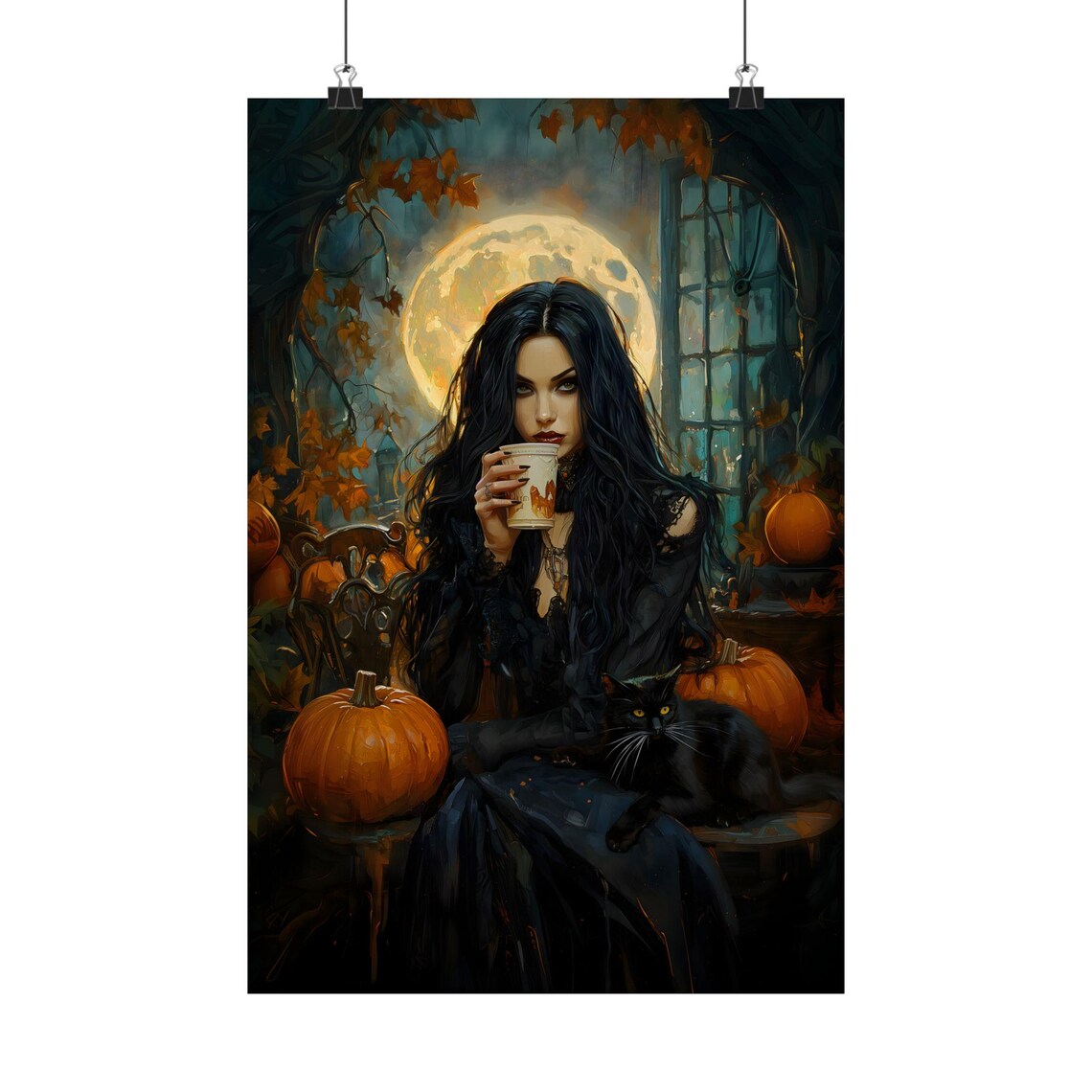 Gothic Witch Drinking Coffee Full Moon Pumpkins Black Cat Halloween Poster - Image 2