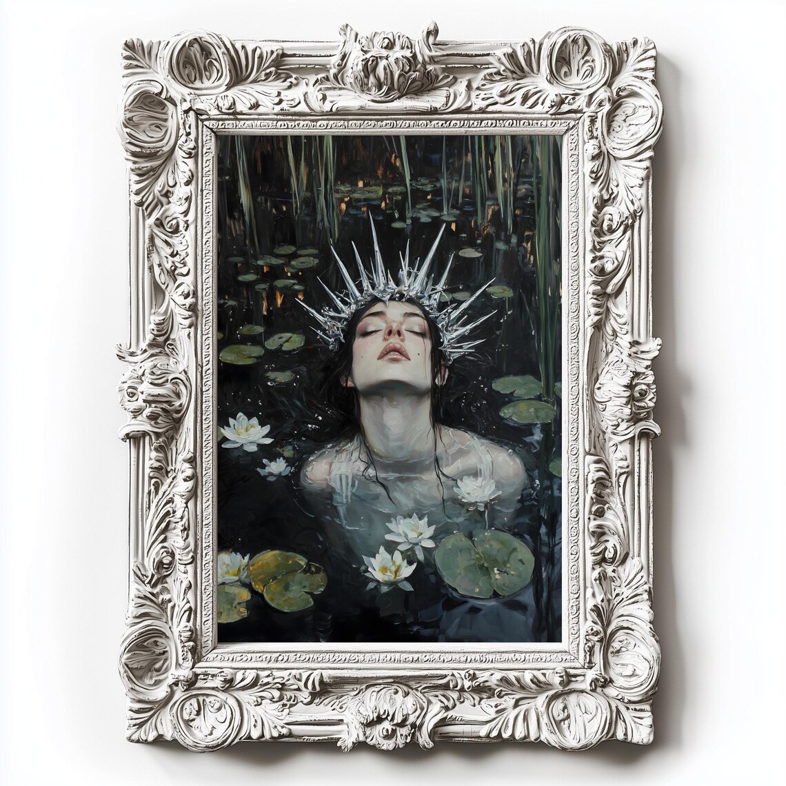 Ophelia Ice Crown Woman Floating Dark Water Lily Pond Gothic Fantasy Print - Image 2