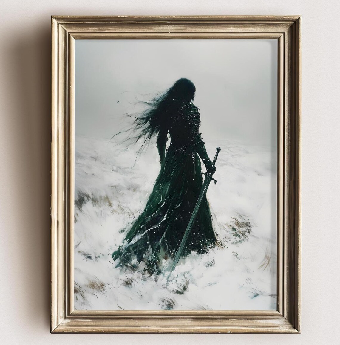 Female Knight Sword Snow Mist Dark Fantasy Gothic Oil Painting Print - Image 2