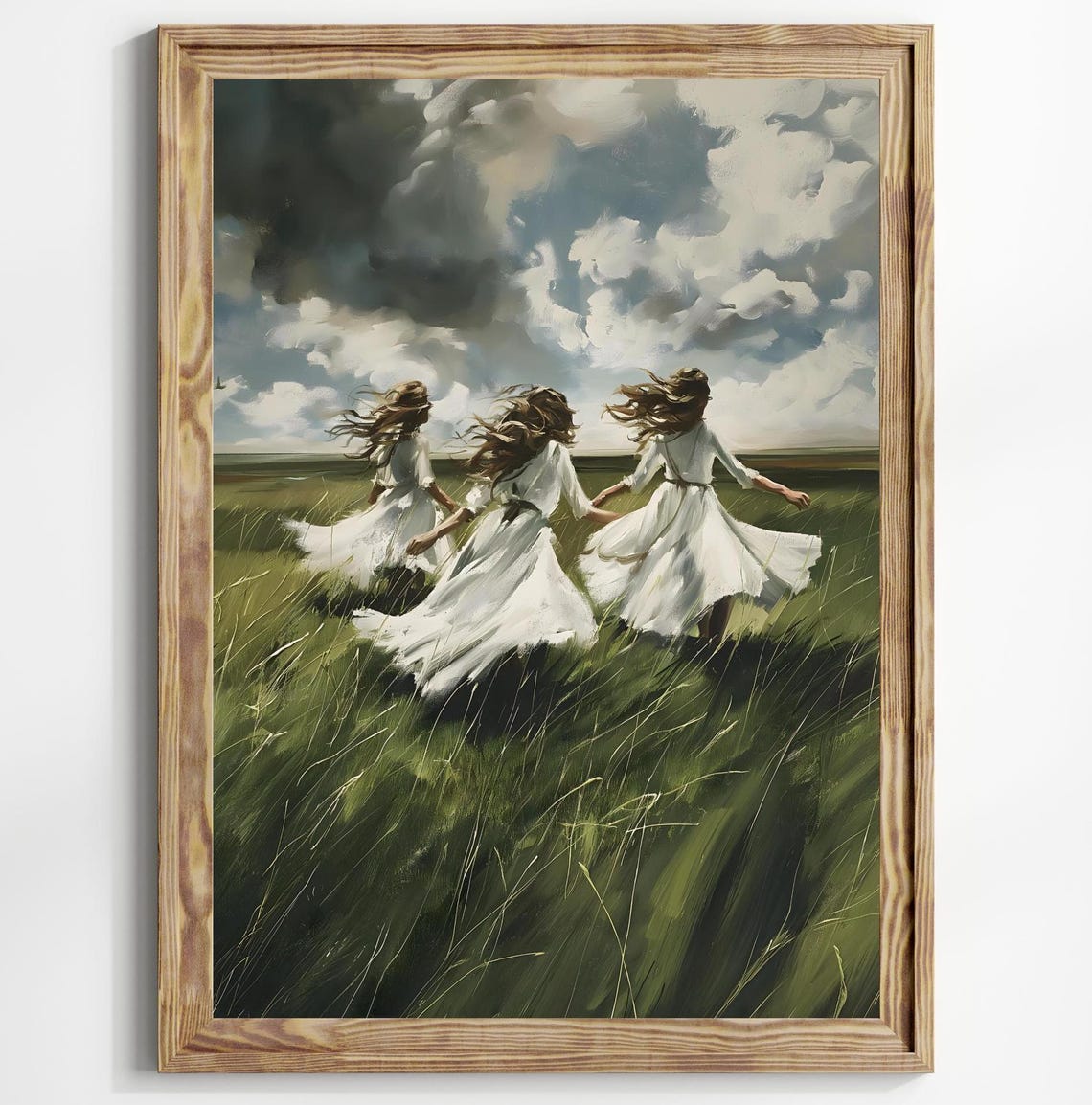 Three Women Running Through Green Field Under Storm Clouds Poster