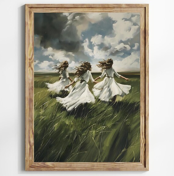 Three Women Running Through Green Field Under Storm Clouds Poster
