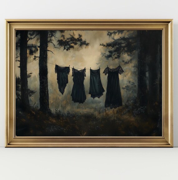Black Victorian Dresses Clothesline Misty Dark Forest Gothic Painting Poster