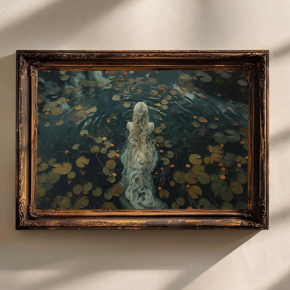 Woman Floating Dark Lily Pond Silver Hair Dark Academia Art Print - Image 2