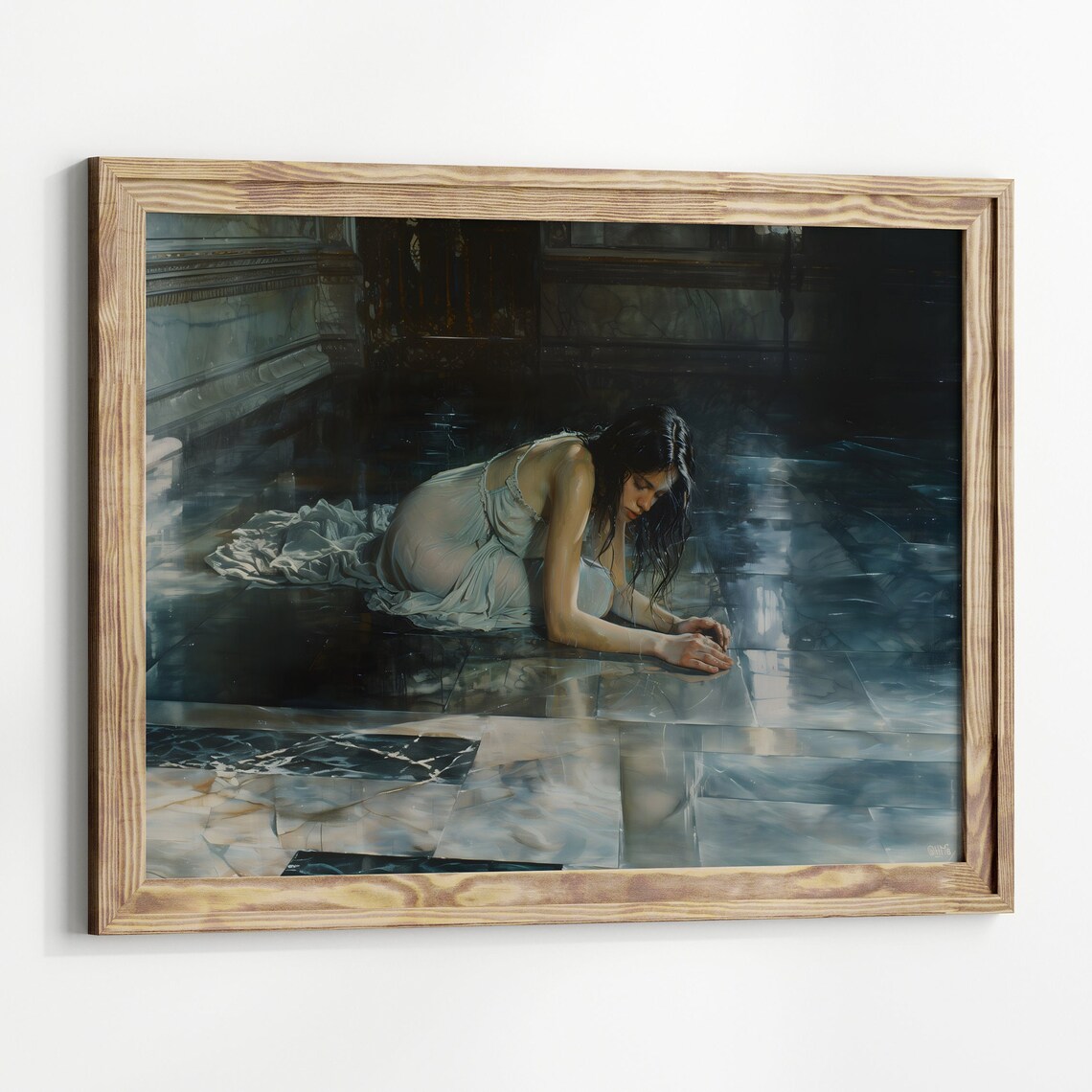 Dark Romantic Woman White Gown Lying Wet Marble Floor Moody Oil Poster - Image 2