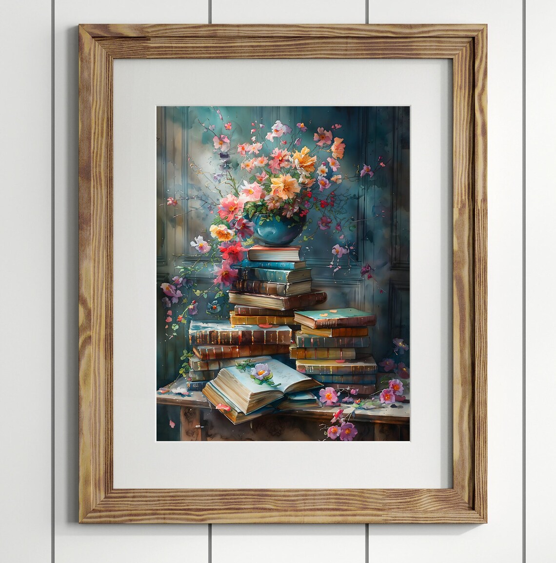 Abstract Stack Of Books, Cottagecore Floral Art Print - Image 3