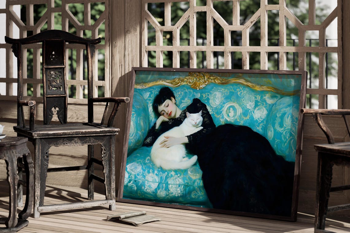 Woman In Black Lace Dress With White Cat On Teal Sofa Gothic Art Print - Image 3