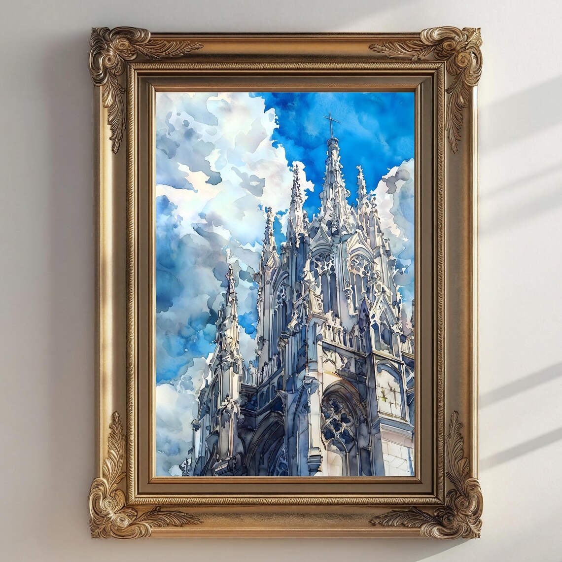 Gothic Cathedral Twin Spires Watercolor Blue Sky Dark Ornate Frame Poster - Image 2