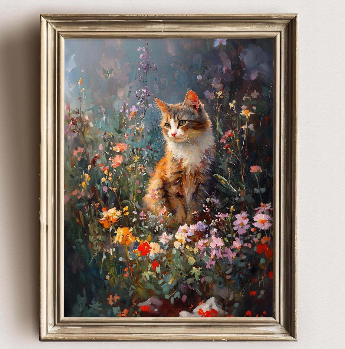 Vintage Cottagecore Cat Floral Landscape Art Print - Image 3
