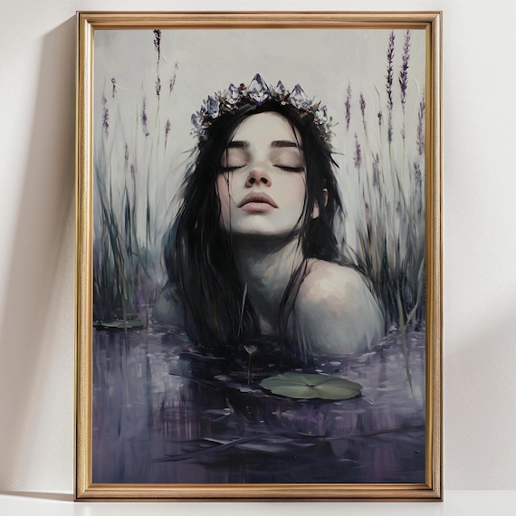 Crystal Crown Woman Purple Misty Water Reeds Dark Nymph Painting Poster