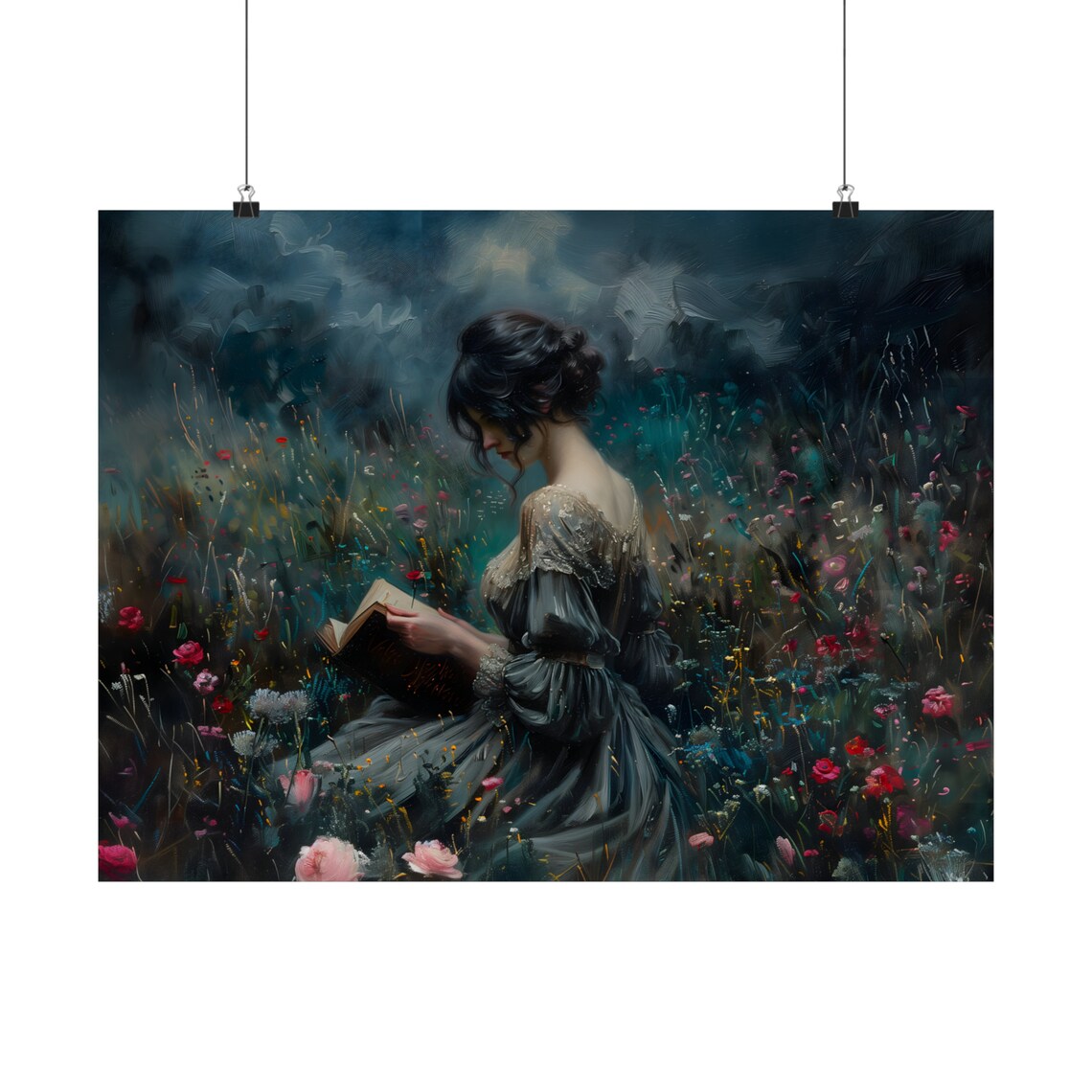 Woman Reading Book with Wildflowers, Art Print - Image 2
