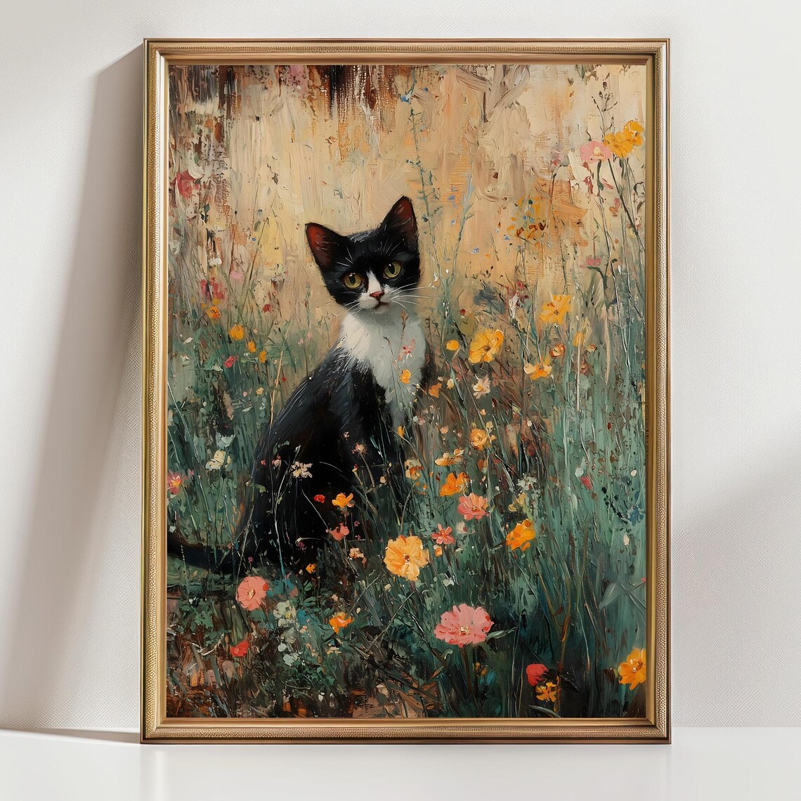 Tuxedo Cat Sitting Wildflower Meadow Impressionist Floral Art Print - Image 2