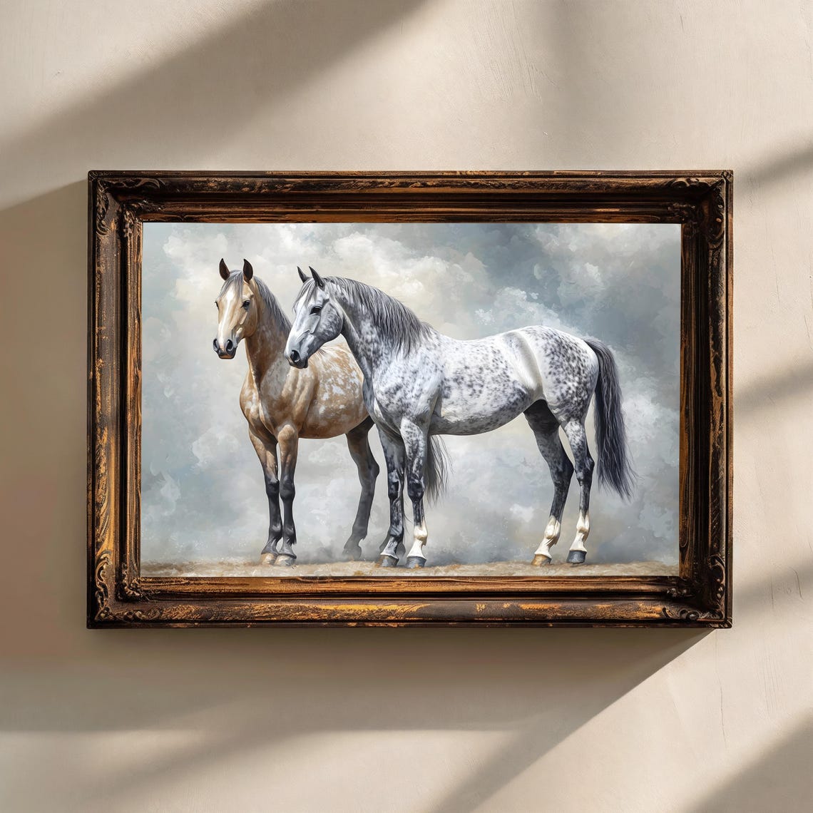 Dapple Grey And Buckskin Horse Pair Cloudy Sky Equestrian Art Print - Image 2