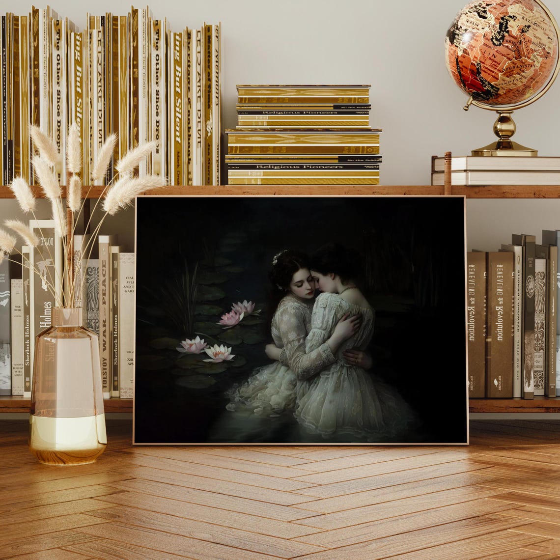Two Women Embracing Night Water Lilies Dark Romantic Art Print - Image 2
