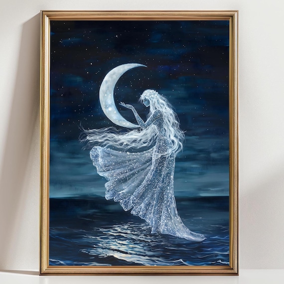 Selene Goddess Of The Moon Matte Print Moody Dark Academia Wall Art Celestial Goddess Art Greek Mythology Lover Moon Goddess Art Gift
