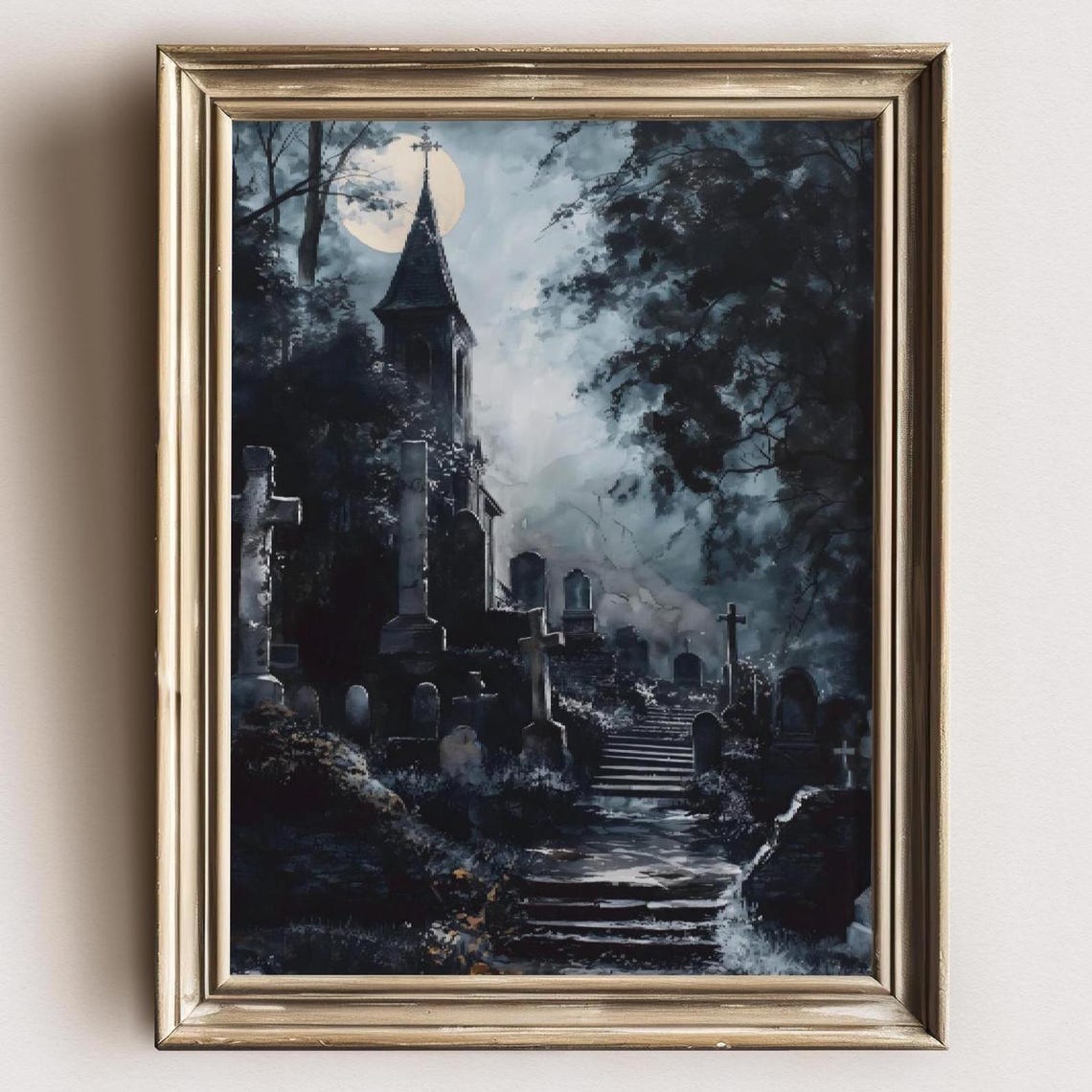 Dark Gothic Cemetery Chapel Under Moonlight Haunted Night Art Print