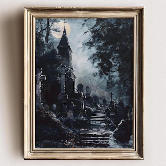 Moody Graveyard Dark Aesthetics Painting Goth Landscape Dark Academia Art Print Gothic Home Dcor Cemetery Art Print Halloween Print