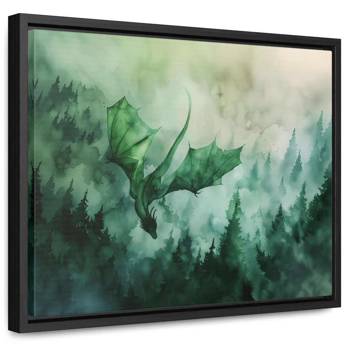 Green Dragon Flying Above Misty Forest Fantasy Watercolor Wall Art - Image 2