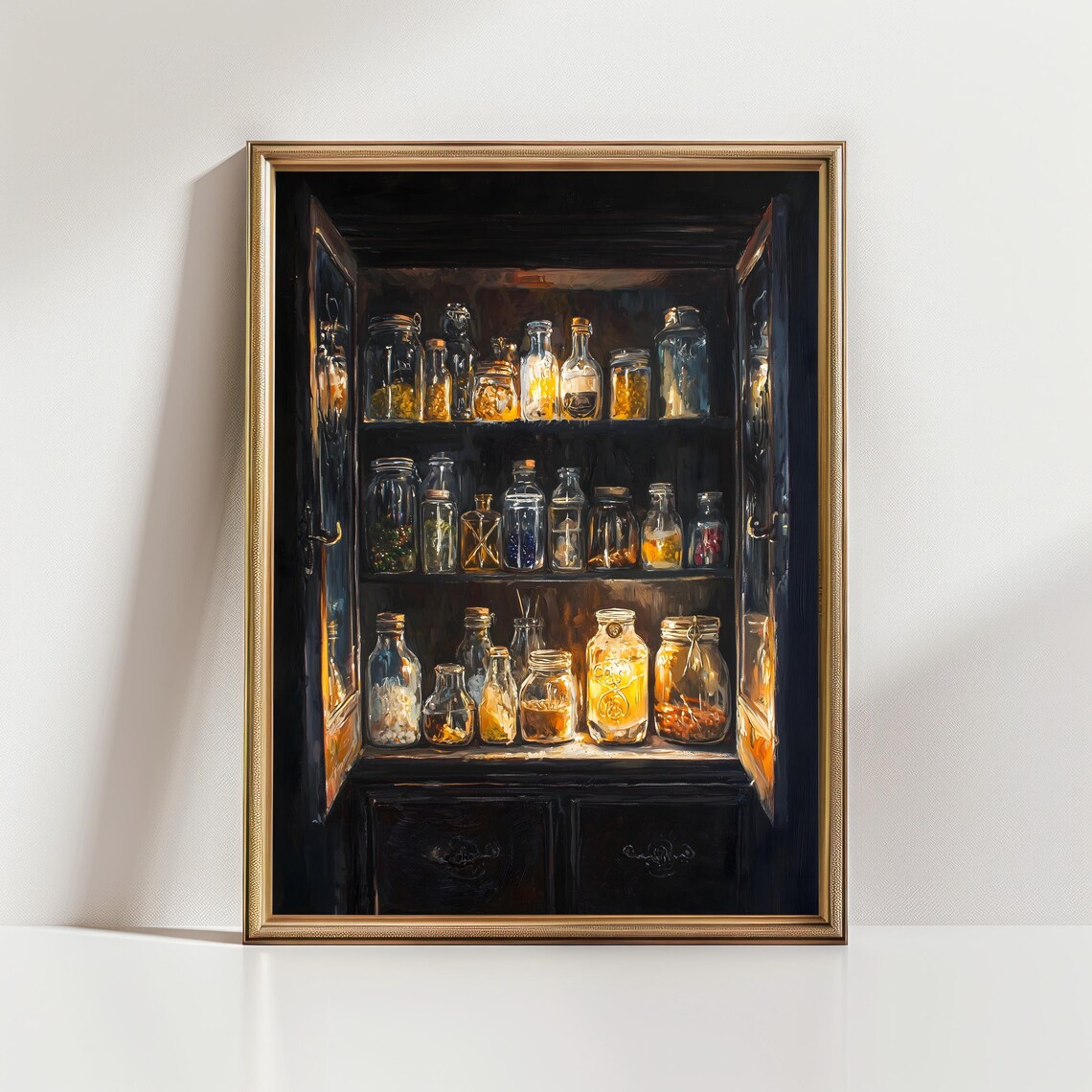 Witch Apothecary Cabinet Glowing Potion Jars Dark Moody Magic Art Poster - Image 2