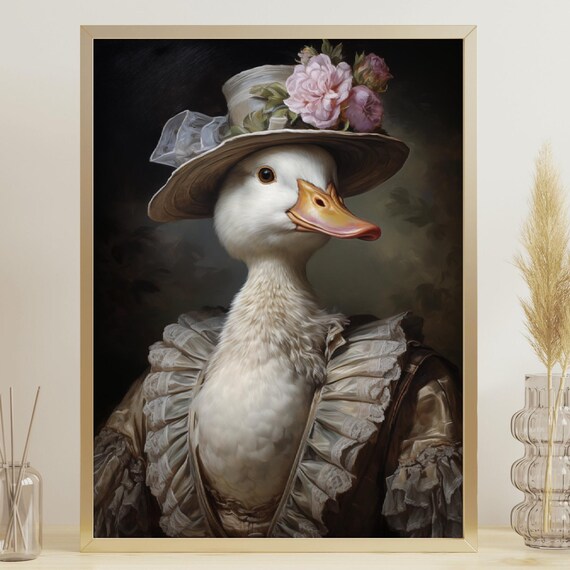 Victorian Duck In Bonnet Altered Portrait Dark Cottagecore Animal Art Print