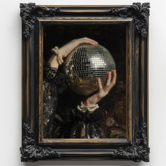 Woman Holding Disco Ball Covering Face Pearls Black Lace Moody Victorian Art Poster