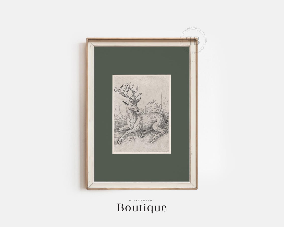 Antique Stag Engraving Resting Deer Vintage Animal Illustration Poster