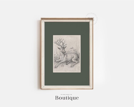 Stag Etching Rustic Deer Illustration Wall Art Antique Animal Line Drawing Lodge Decor Vintage Style No800