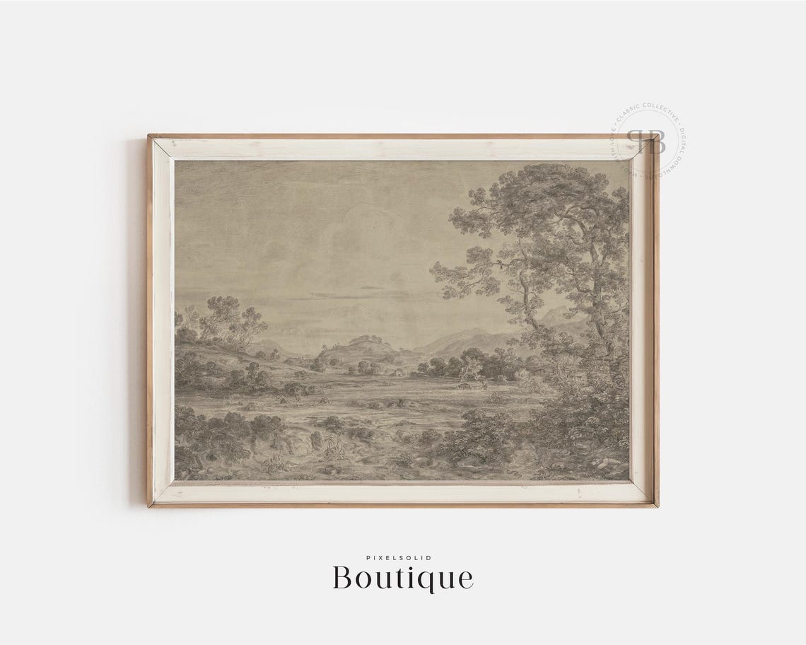 Antique Countryside Landscape Sketch Sepia Pastoral Drawing Print