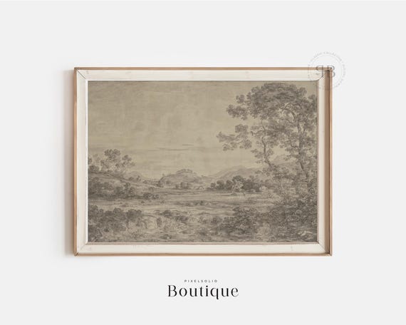 Antique Countryside Landscape Sketch Print Rustic Pastoral Drawing Sepia Hills Trees Decor Vintage Style No811