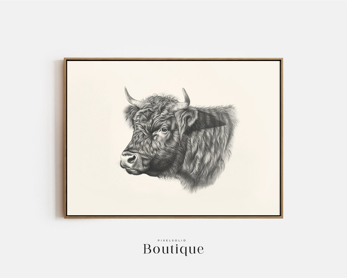 Highland Cow Head Sketch Neutral Minimalist Farmhouse Wall Art