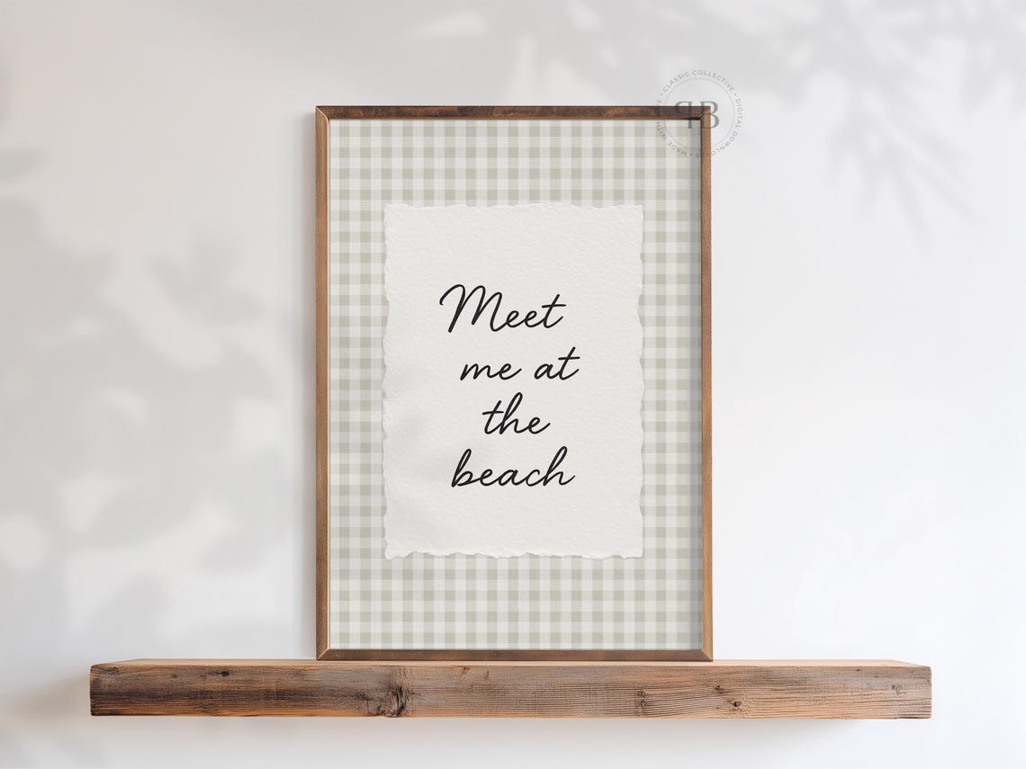Meet Me at the Beach Script Quote Coastal Gingham Entryway Wall Art