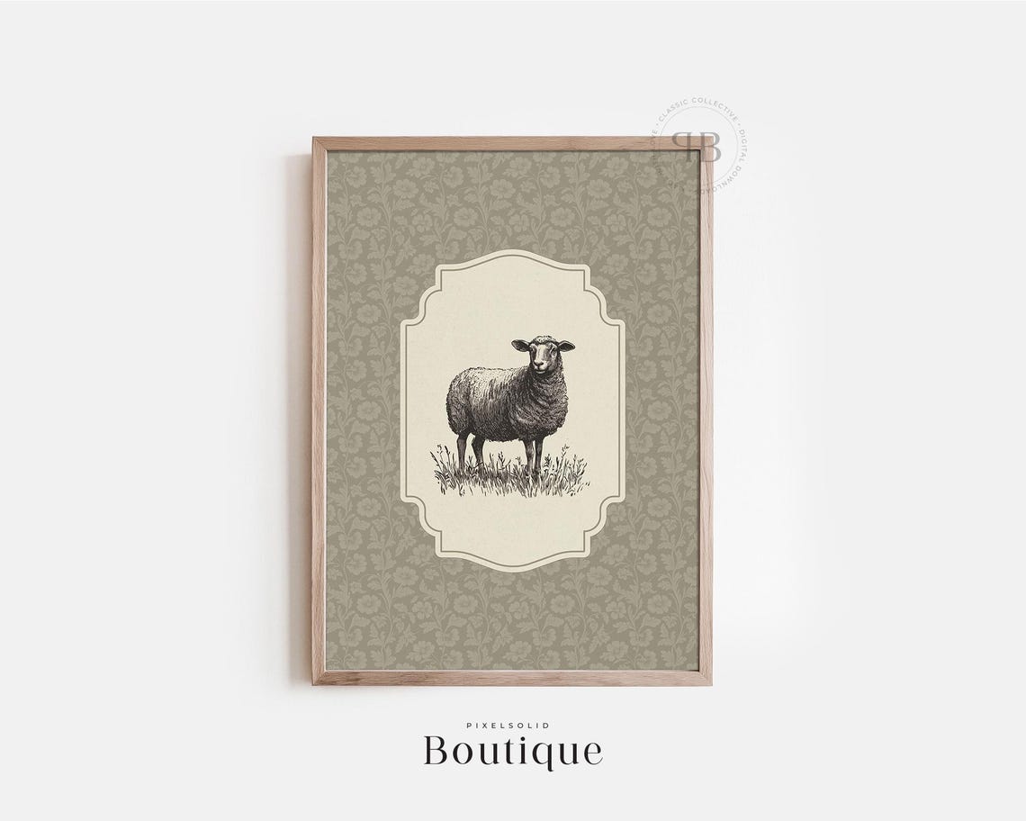 Vintage Sheep Engraving Sage Green Rustic Farmhouse Decor Print