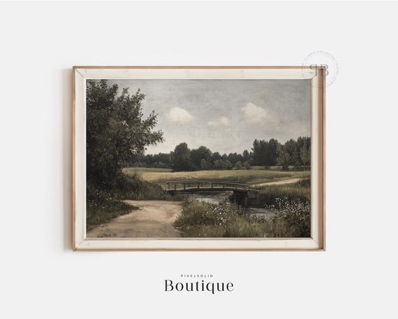 Rustic Countryside Landscape Print Vintagestyle Bridge Painting Farmhouse Wall Art Nature Scene Decor No698