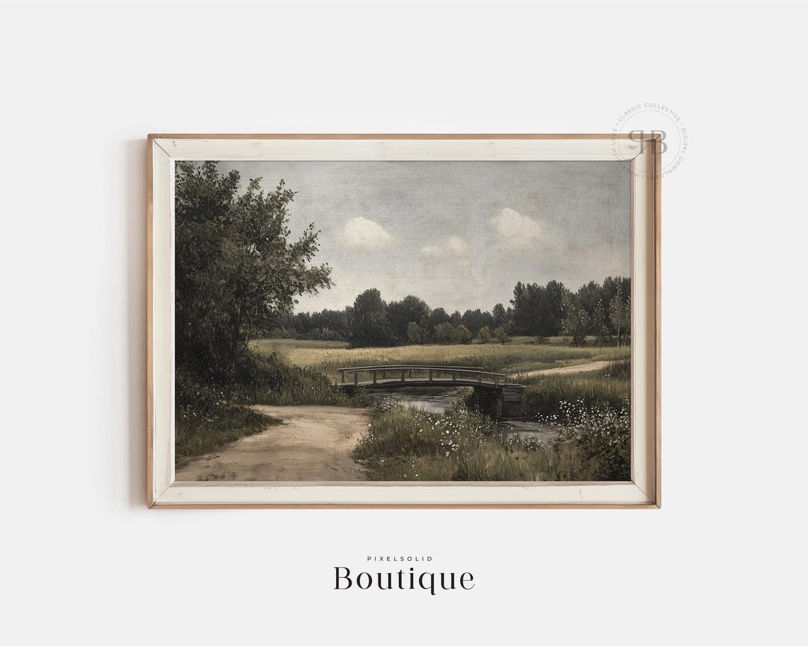 Rustic Countryside Bridge Landscape Vintage Oil Painting Poster