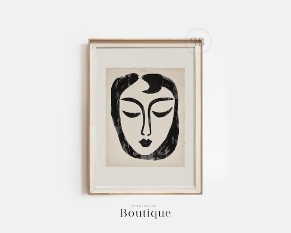 Abstract Woman Face Print Minimalist Black And White Wall Art Midcentury Modern Home Decor Vintage Style No683
