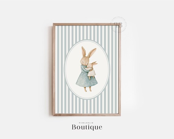 Mother Bunny Hugging Baby Soft Blue Striped Nursery Watercolor Wall Art
