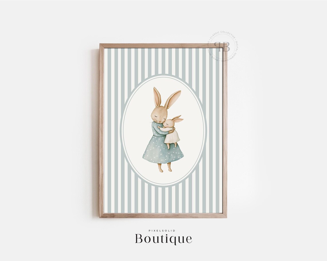 Mother Bunny Hugging Baby Soft Blue Striped Nursery Watercolor Wall Art