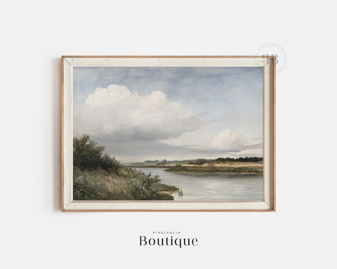 Cloudy Countryside River Landscape Vintage Style Painting Poster