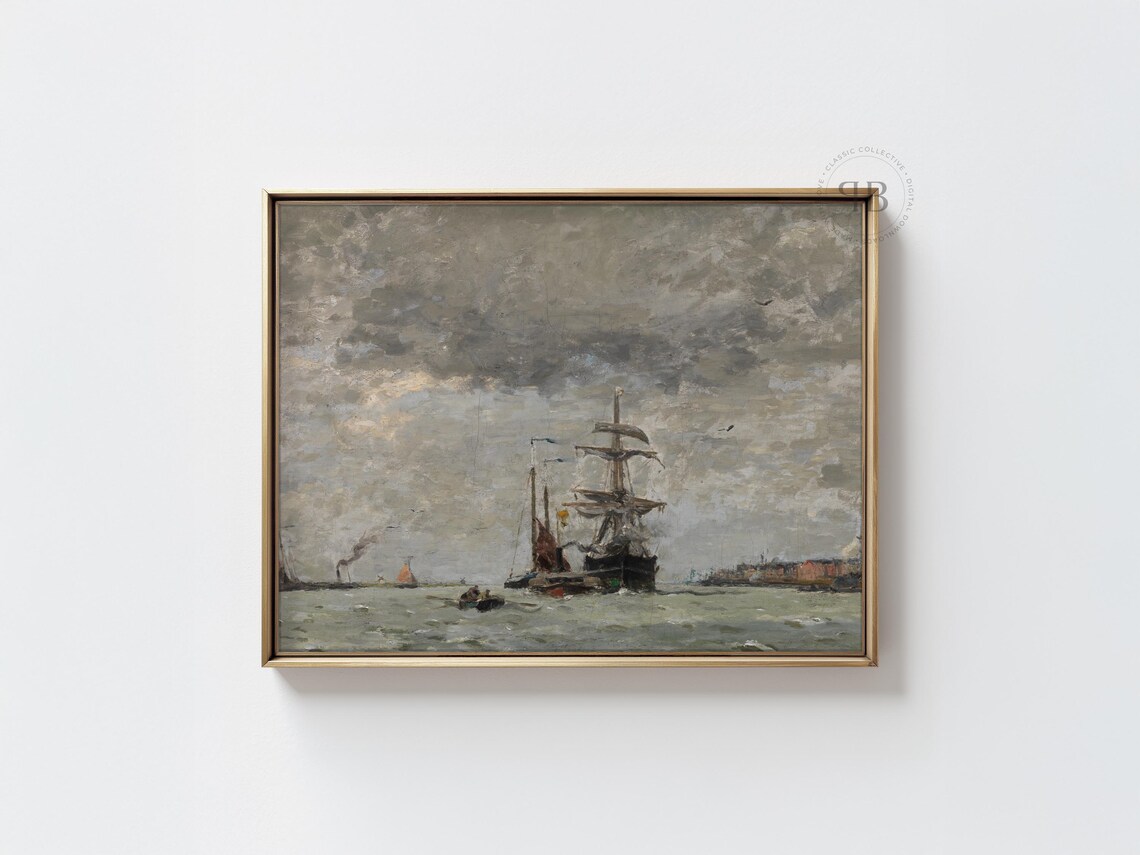 Stormy Tall Ship Vintage Harbor Seascape Moody Oil Painting Poster