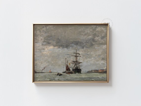 Stormy Tall Ship Vintage Harbor Seascape Moody Oil Painting Poster