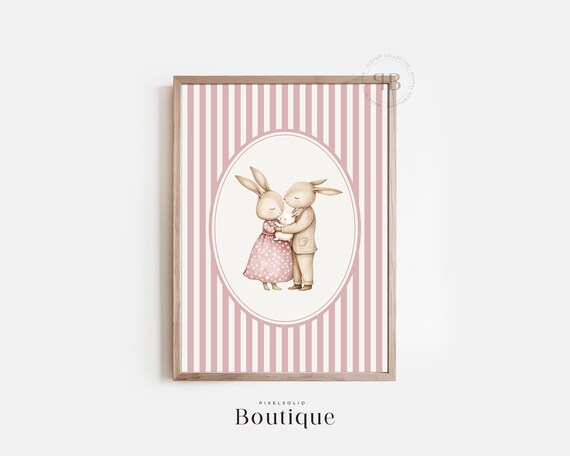 Rabbit Family Nursery Print Girls Watercolor Bunny Wall Art Baby Shower Gift Soft Pink Pastel Decor No655