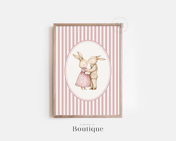 Rabbit Family Tender Hug Pink Striped Nursery Watercolor Wall Art