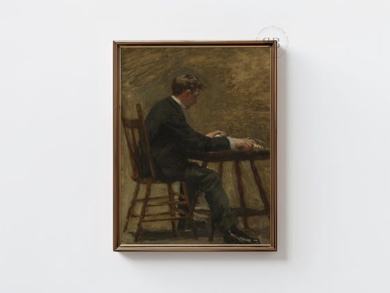 Man Sitting At Table Print Realist Portrait Wall Art Moody Brown Tone Figure Painting Decor Vintage Style No834