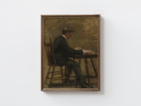 Man Sitting At Table Realist Brown Tone Portrait Painting Art Print